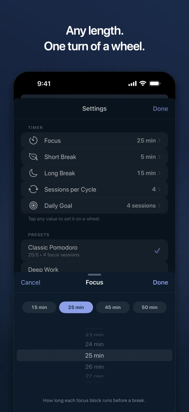 The focus duration wheel open on 25 min, with 15, 25, 45 and 50 minute shortcuts along the top