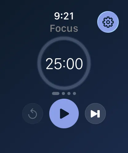 Calmly on Apple Watch, idle at 25:00 with play, reset and skip controls