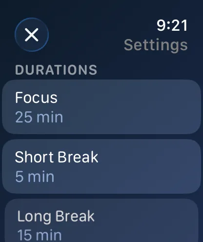 Watch settings listing focus, short break and long break durations, each set with the Digital Crown