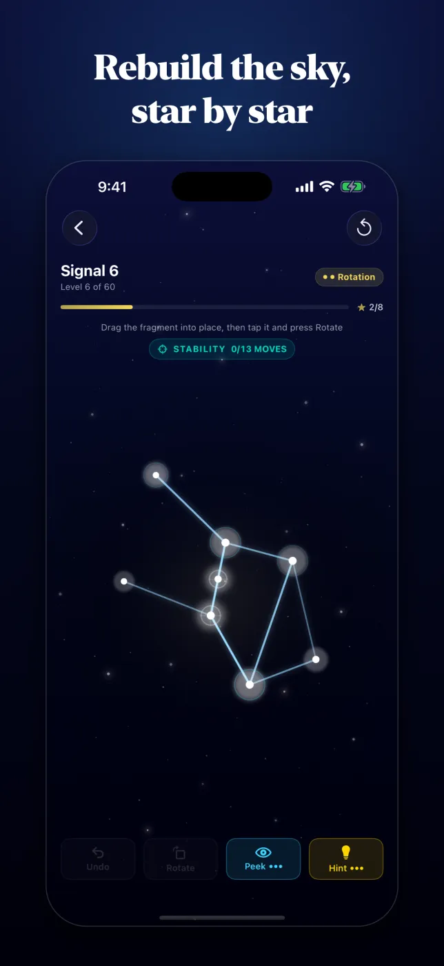 Signal 6 mid-solve: glowing fragments being dragged into place, with a Stability meter and Peek and Hint buttons along the bottom