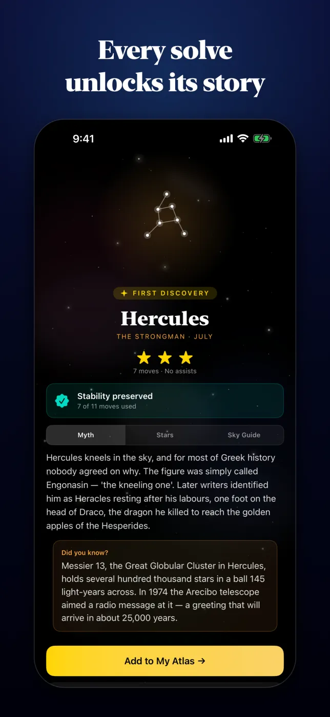 The Hercules discovery card, three stars earned and stability preserved, with Myth, Stars and Sky Guide tabs and an Add to My Atlas button
