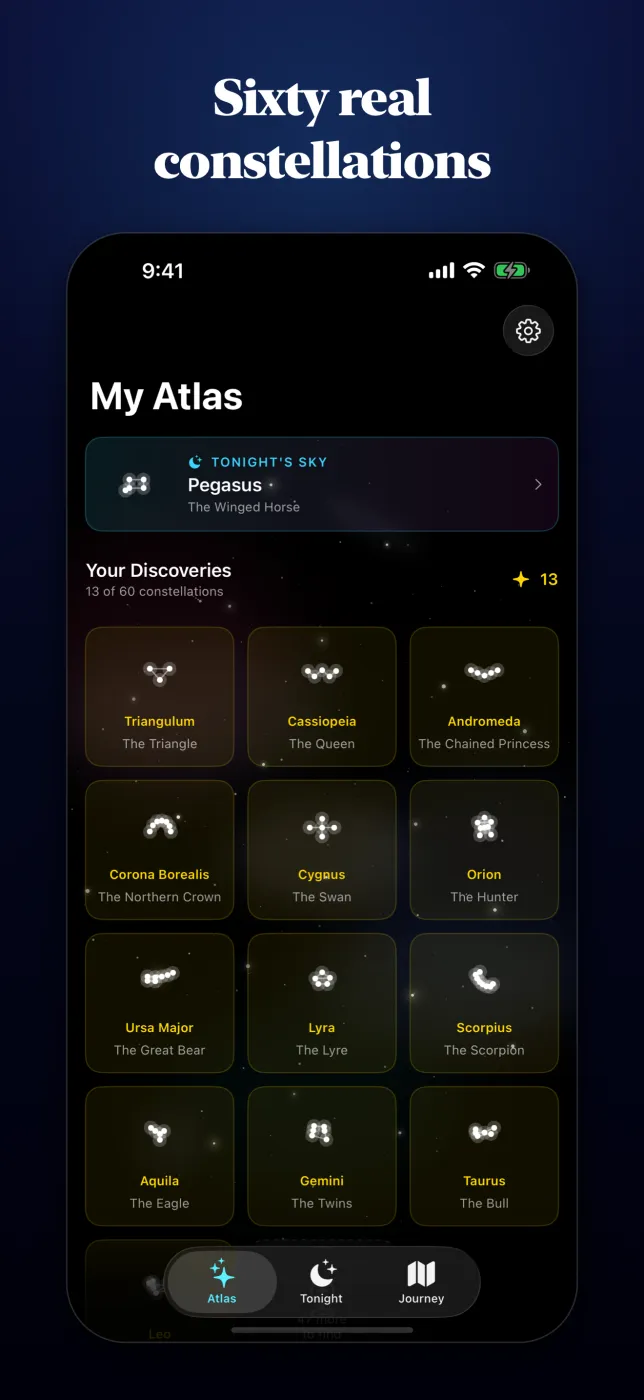 My Atlas showing 13 of 60 constellations discovered, each tile naming the constellation and its title