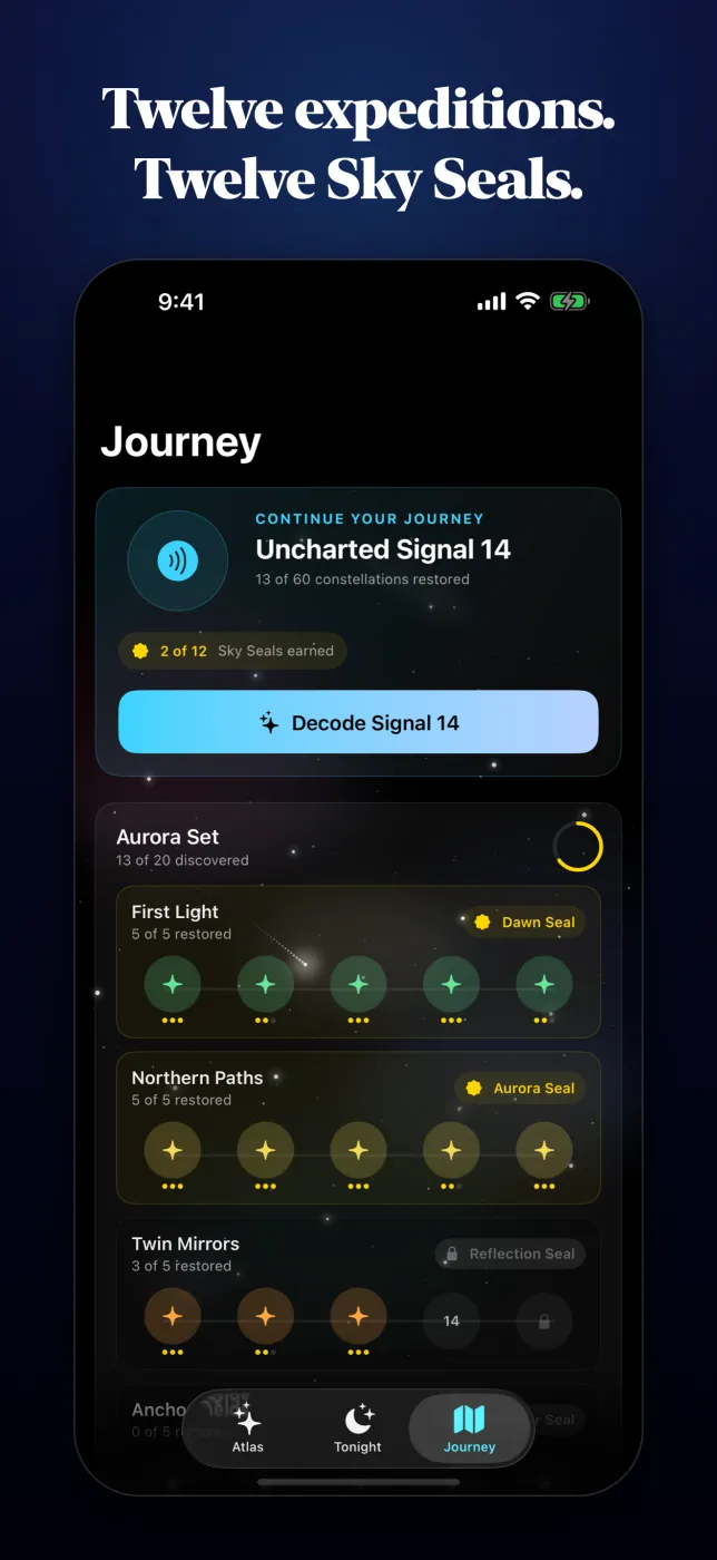 The Journey screen with the Aurora Set expedition in progress and the Dawn and Aurora Sky Seals earned