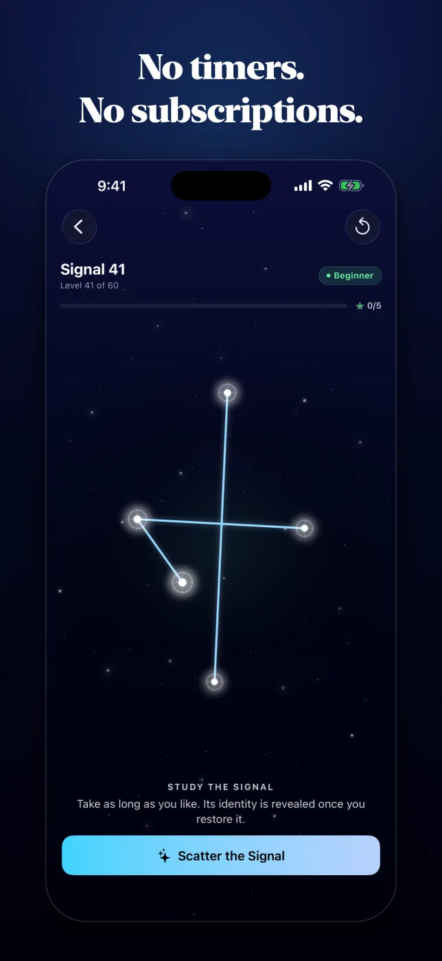 Signal 41 in the study phase, fully formed, above a Scatter the Signal button and a note that you can take as long as you like
