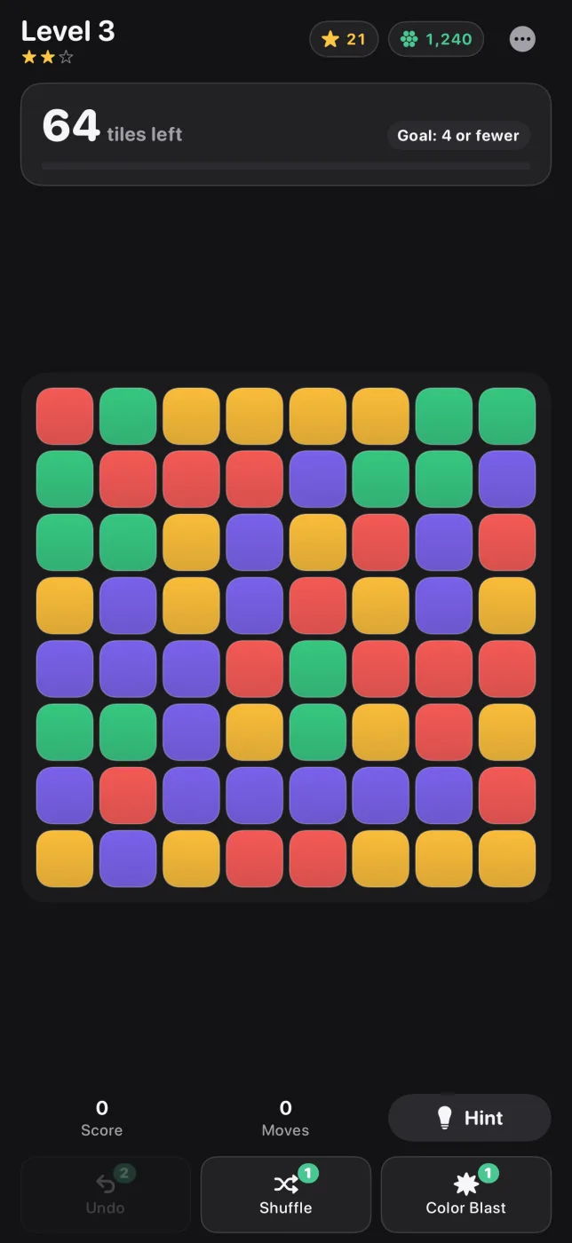 A full Level 3 board with 64 tiles left and a goal of four or fewer