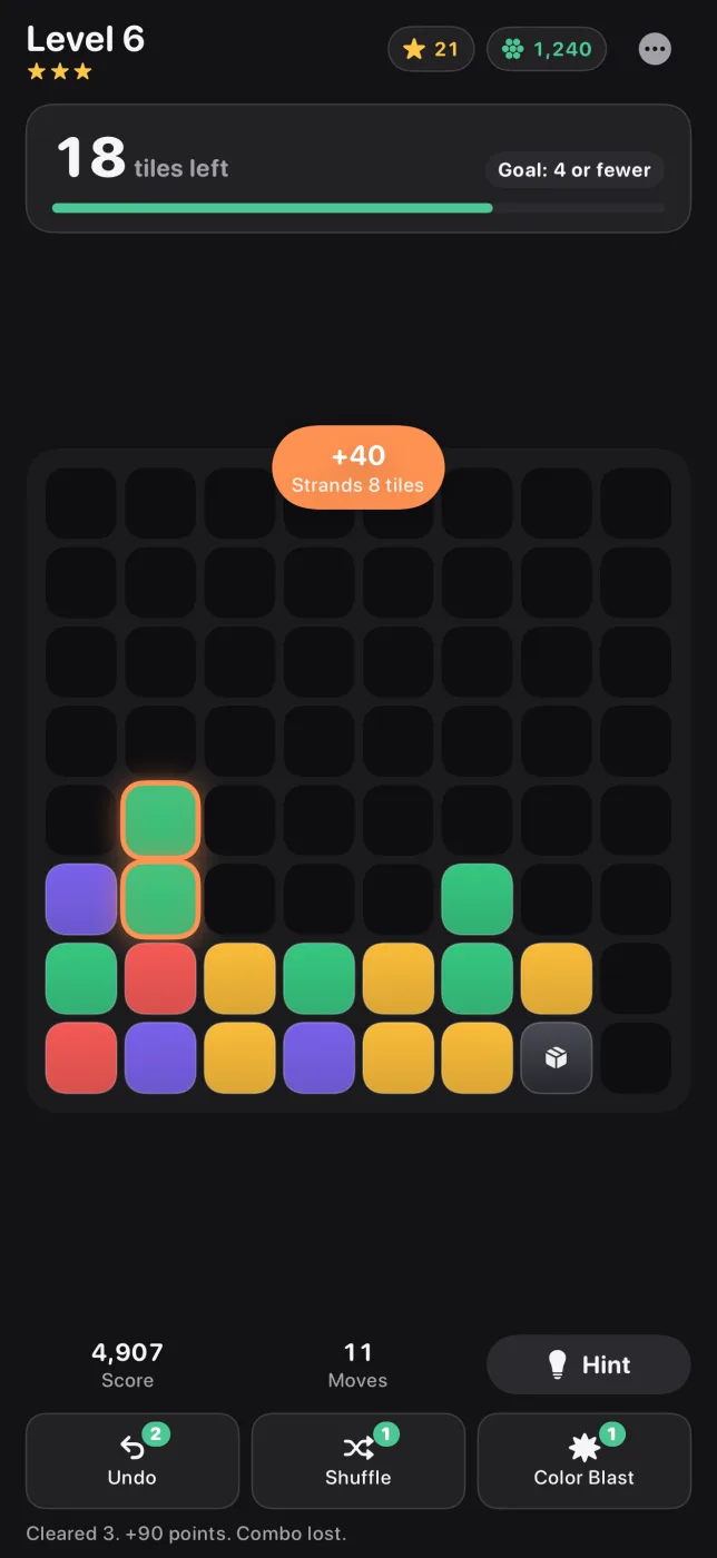 A late board down to 18 tiles, with a +40 score popup noting that the clear stranded two tiles