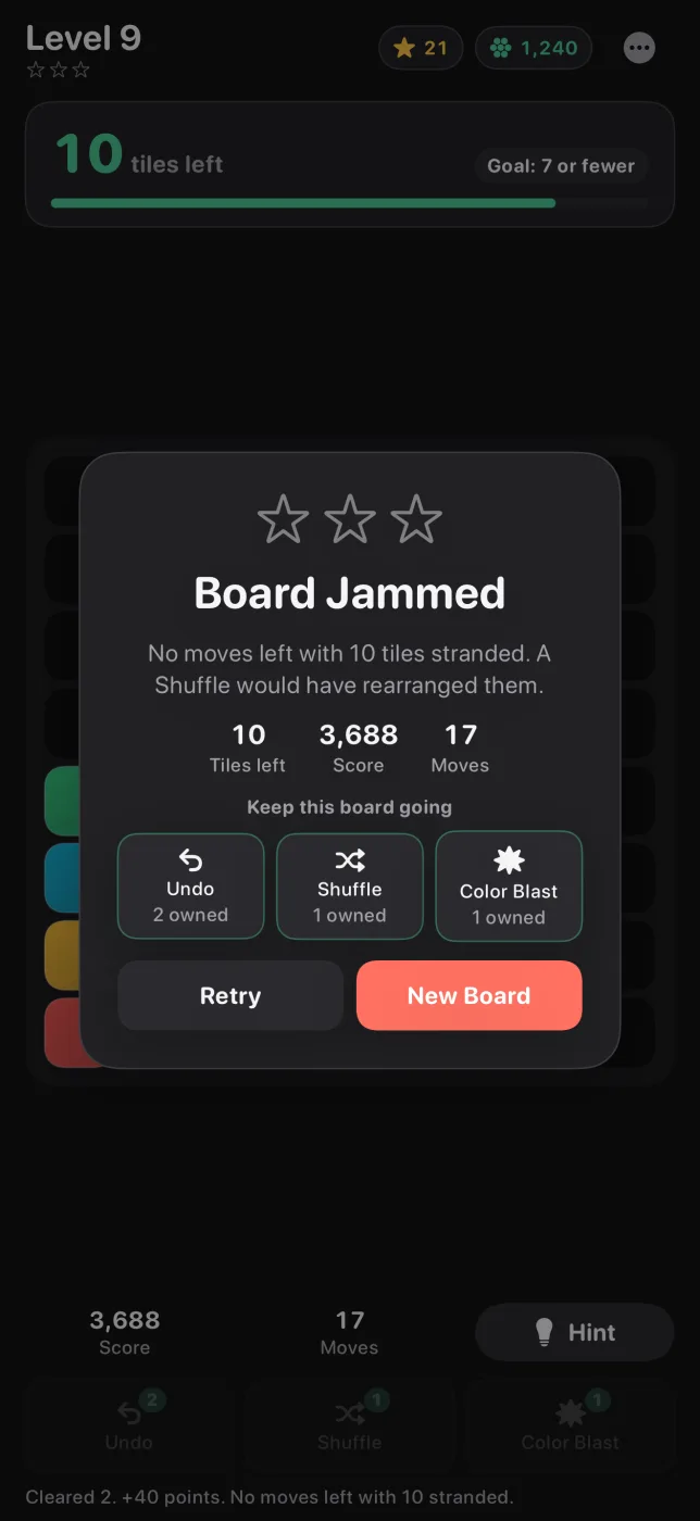 A Board Jammed screen offering Undo, Shuffle, or Colour Blast to keep the board going instead of ending the round