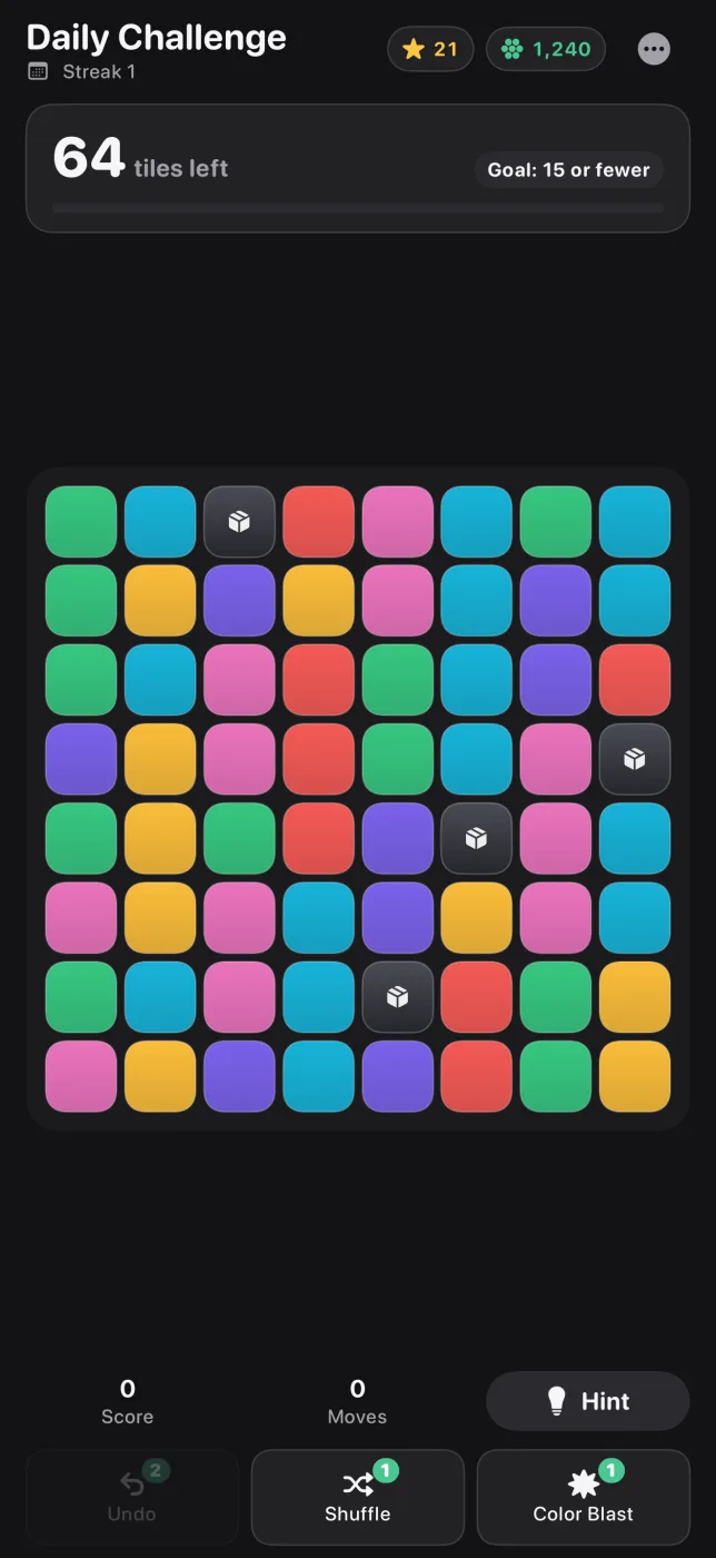 The Daily Challenge board with a streak counter and a goal of fifteen or fewer tiles