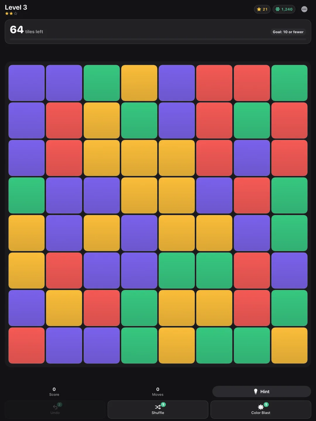 A full Match Mint board on iPad with the booster row along the bottom