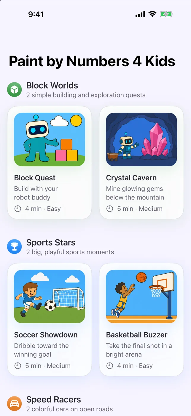 The library, with the Block Worlds, Sports Stars and Speed Racers books, each page showing its own cover, a one-line description, and how long it takes