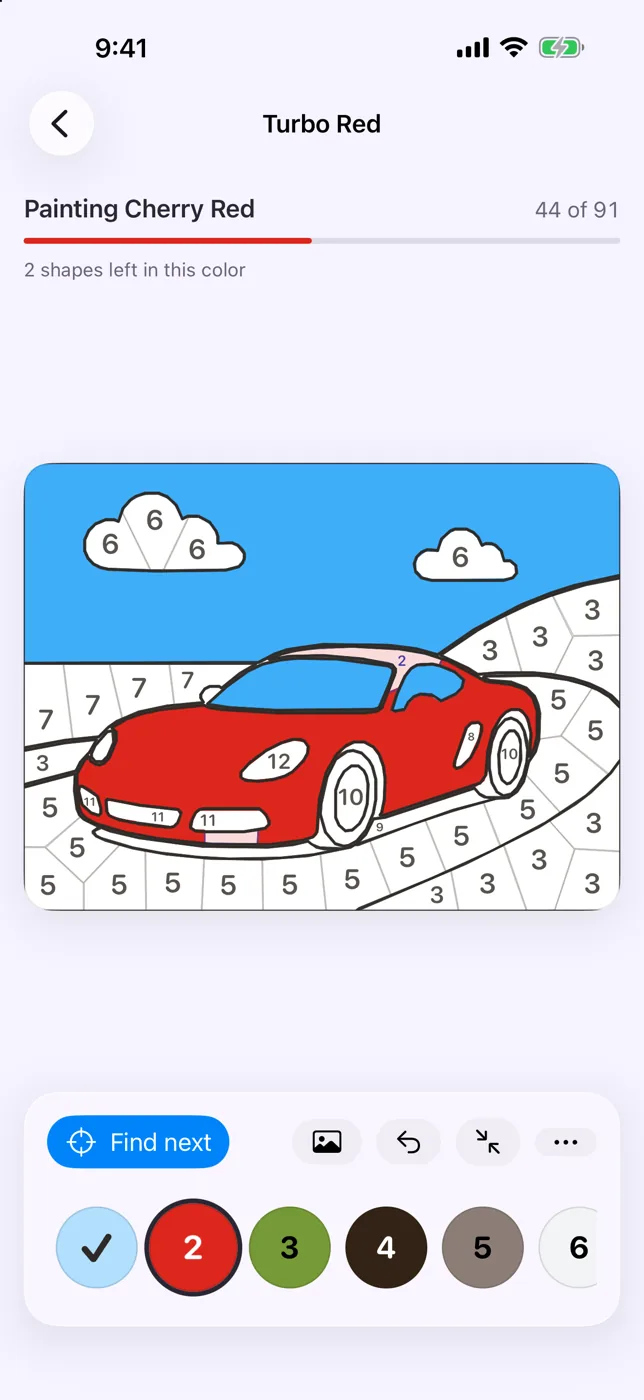 Turbo Red part-painted at 44 of 91 shapes, the header reading Painting Cherry Red with 2 shapes left in this color