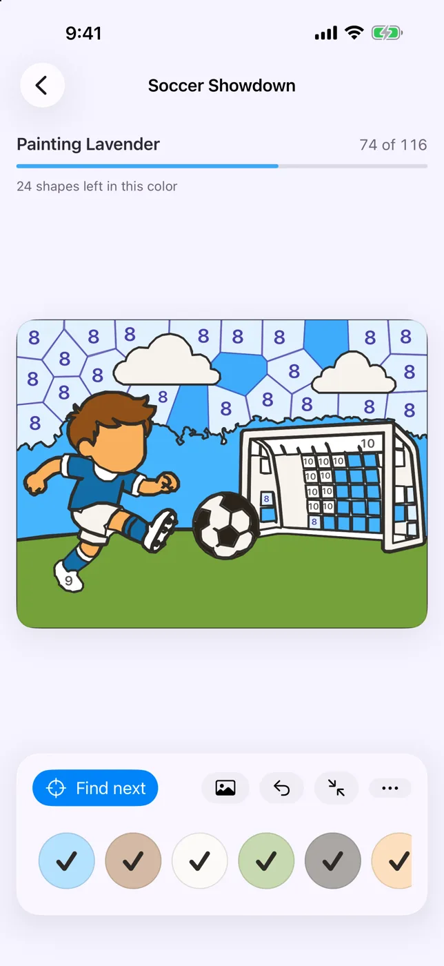 Soccer Showdown at 74 of 116 shapes, the player and ball already filled while the sky still carries its numbers