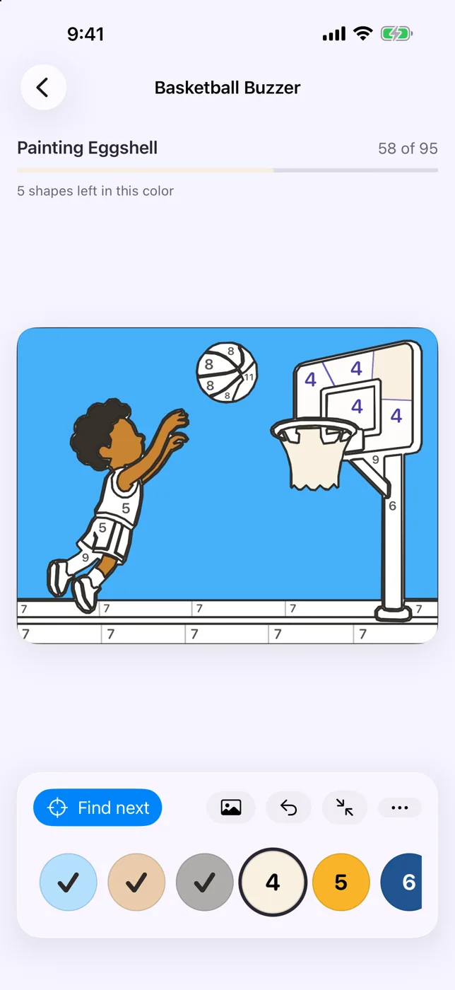 Basketball Buzzer at 58 of 95 shapes, with Eggshell selected and the Find next button ready below