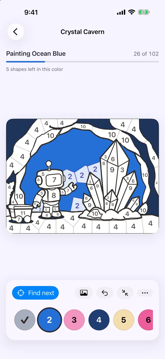 Crystal Cavern at 26 of 102 shapes, the cave wall filled in Ocean Blue with the crystals still numbered