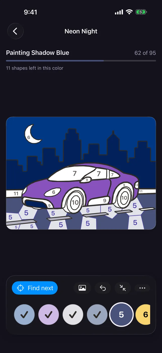 Neon Night in Dark Mode at 62 of 95 shapes; the page itself stays white while the app around it goes dark