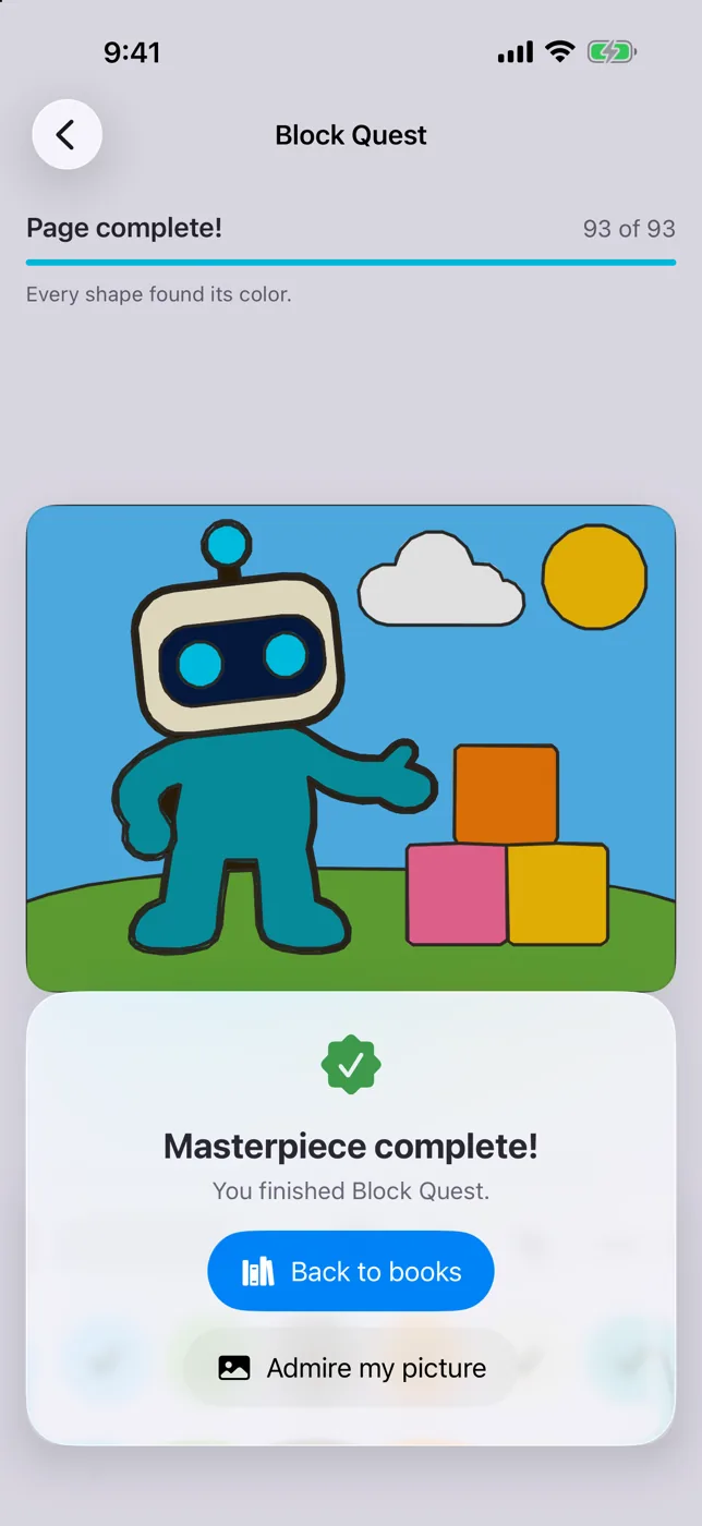 Block Quest finished at 93 of 93, the celebration sitting under the picture with Back to books and Admire my picture