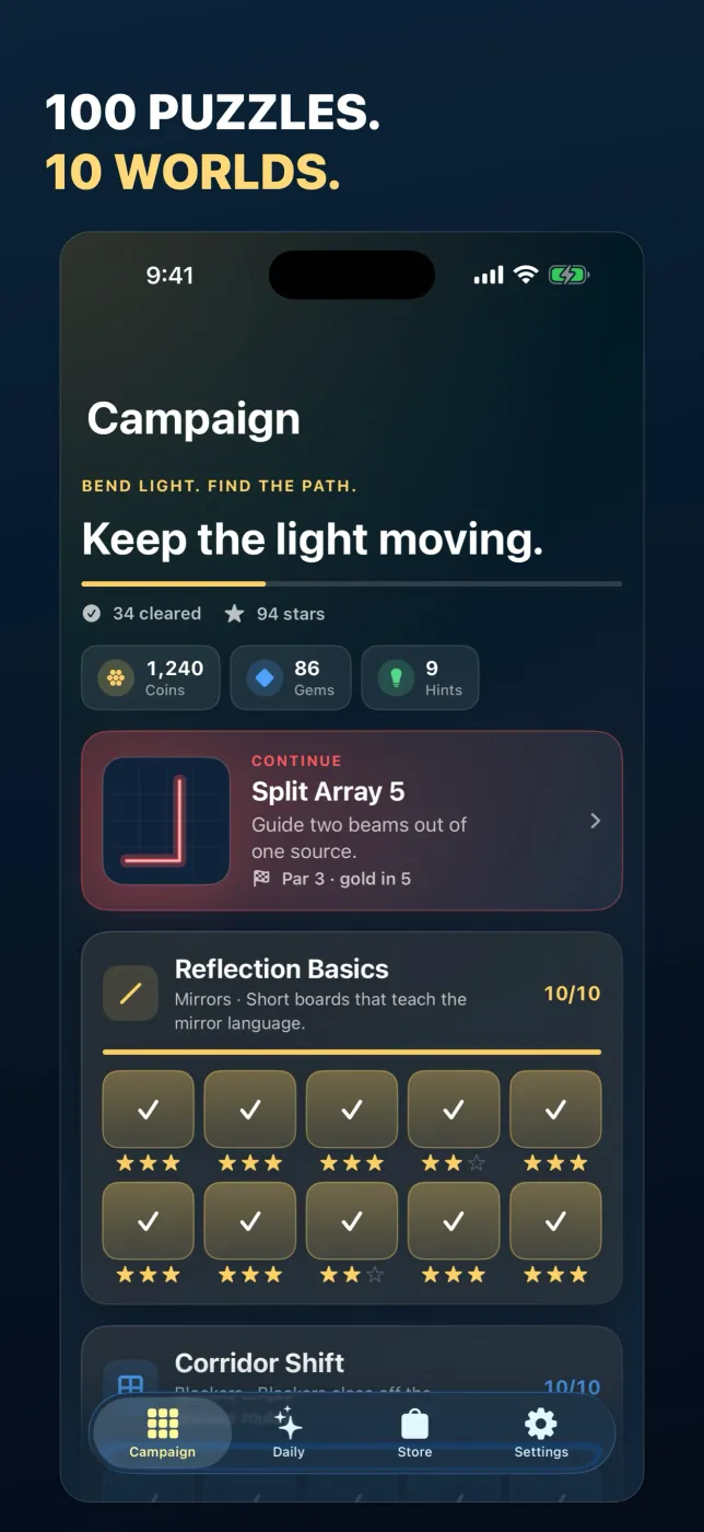 The Campaign list showing worlds such as Reflection Basics, Corridor Shift and Checkpoint Grid, each level marked with the stars earned