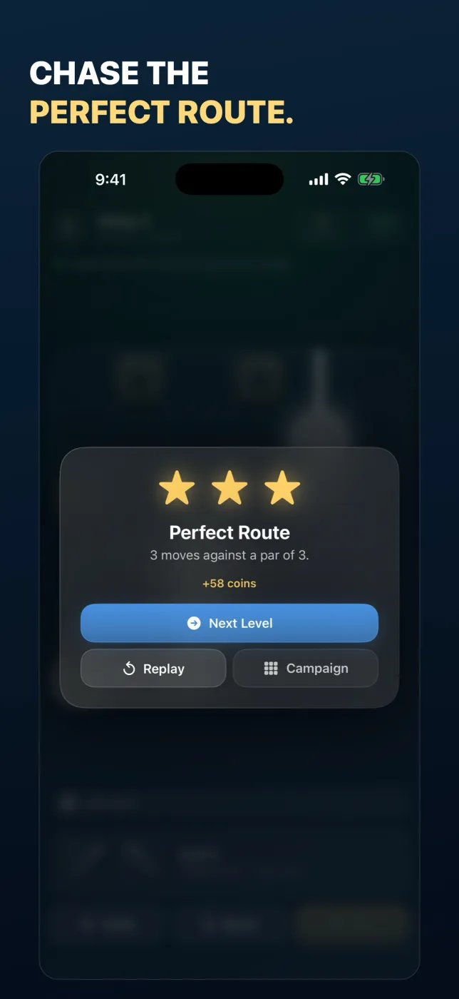 A Perfect Route result: three stars for solving in three moves against a par of three, plus a coin bonus