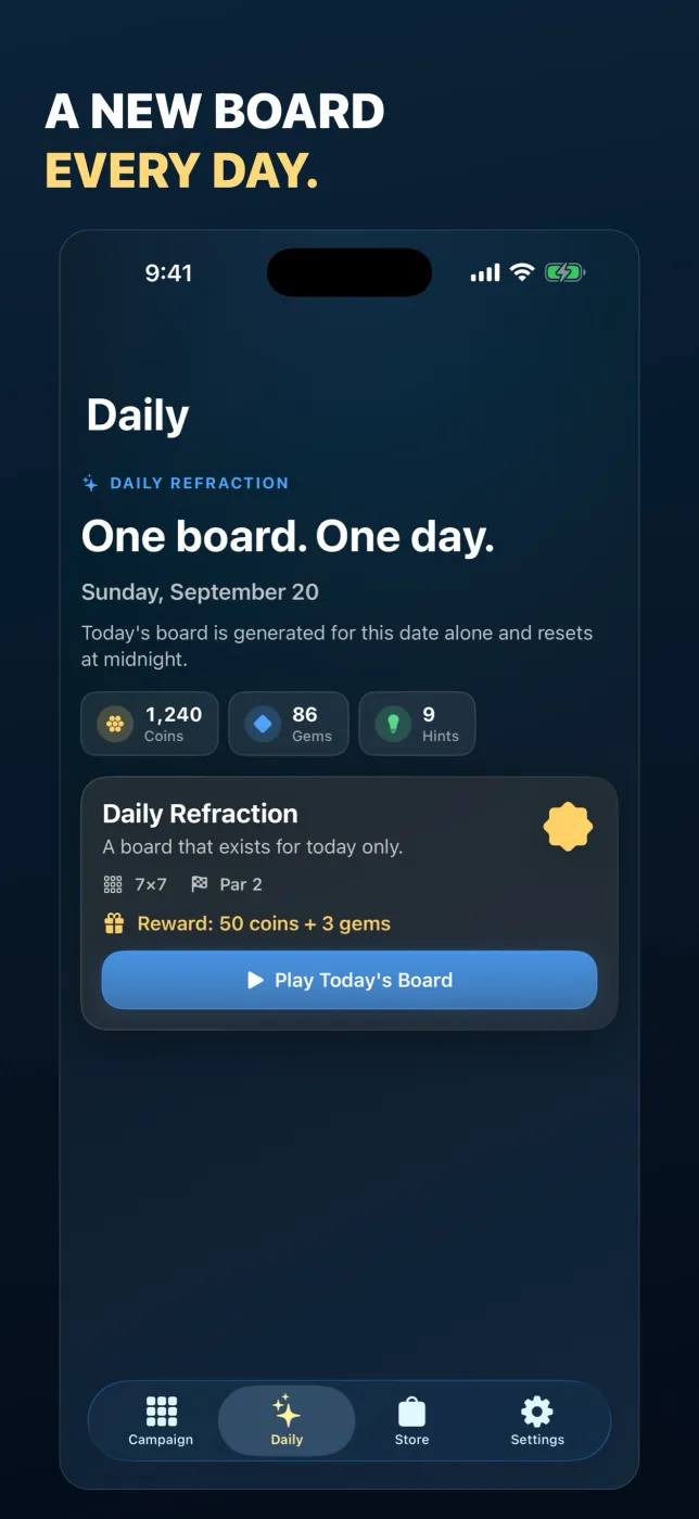 The Daily tab &mdash; one board, one day, generated for the date and reset at midnight, with a coin and gem reward