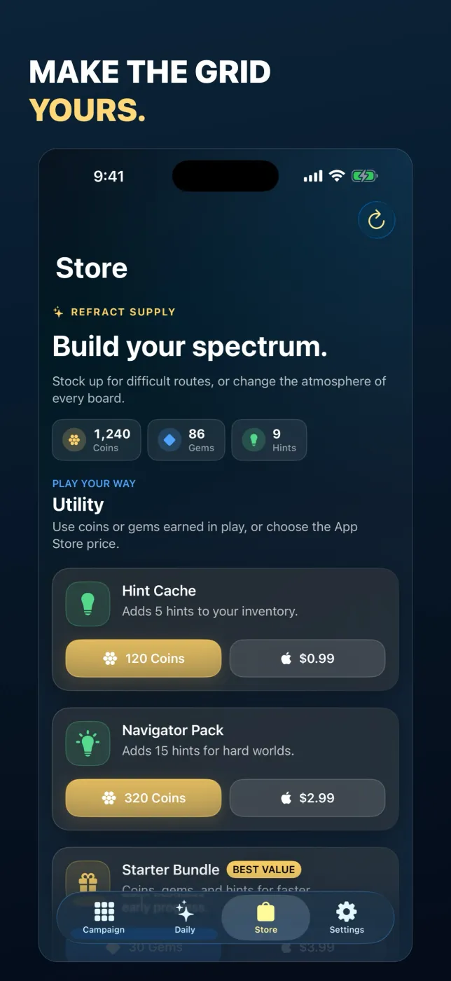 The Store, where hints and packs can be bought with coins earned in play or through the App Store