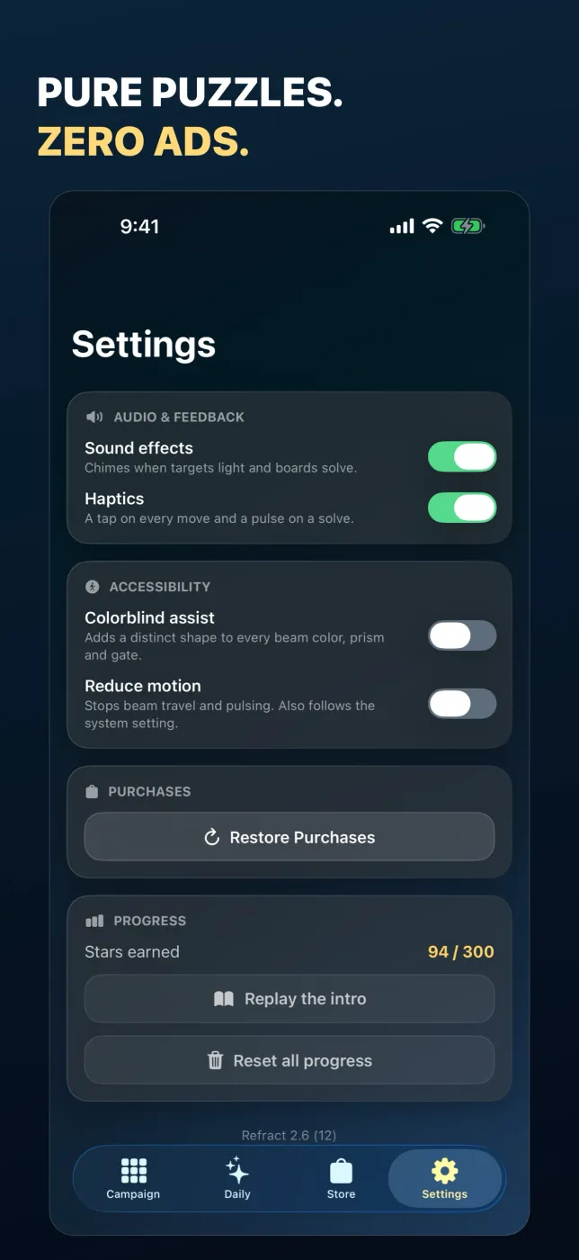 Settings with sound effects, haptics, colorblind assist and reduce motion toggles, Restore Purchases, and 94 of 300 stars earned