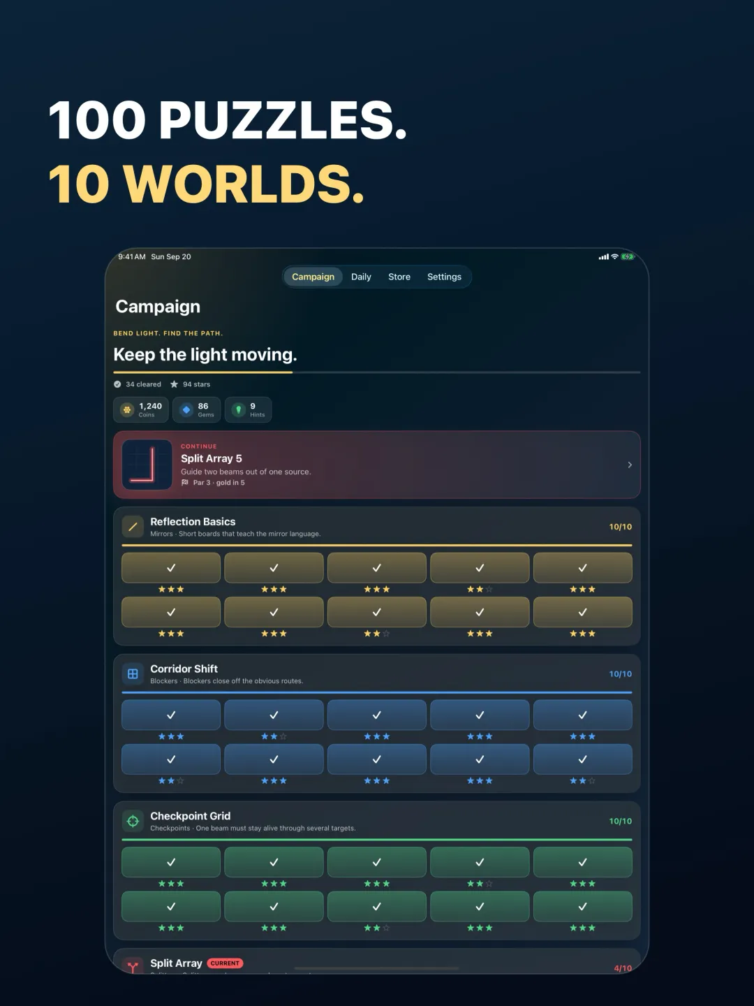 The Campaign on iPad, worlds laid out in wide rows with a Campaign, Daily, Store and Settings tab bar