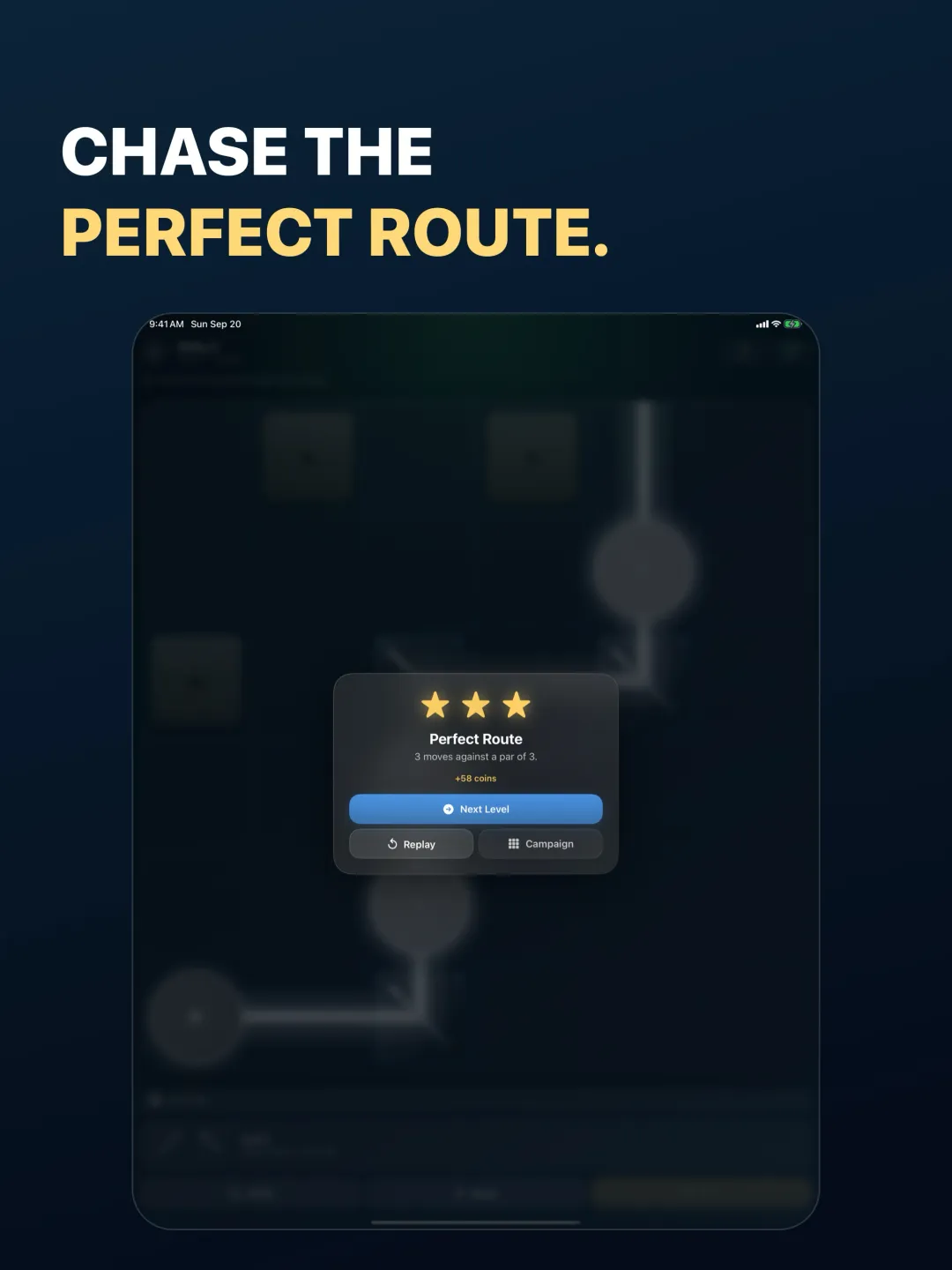 A three-star Perfect Route completion card on iPad