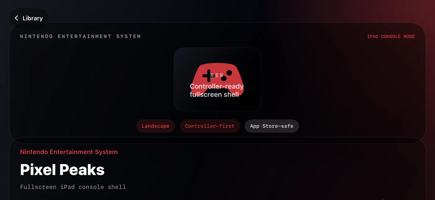 A game detail card showing the console, the shell it uses, and whether a controller is recommended