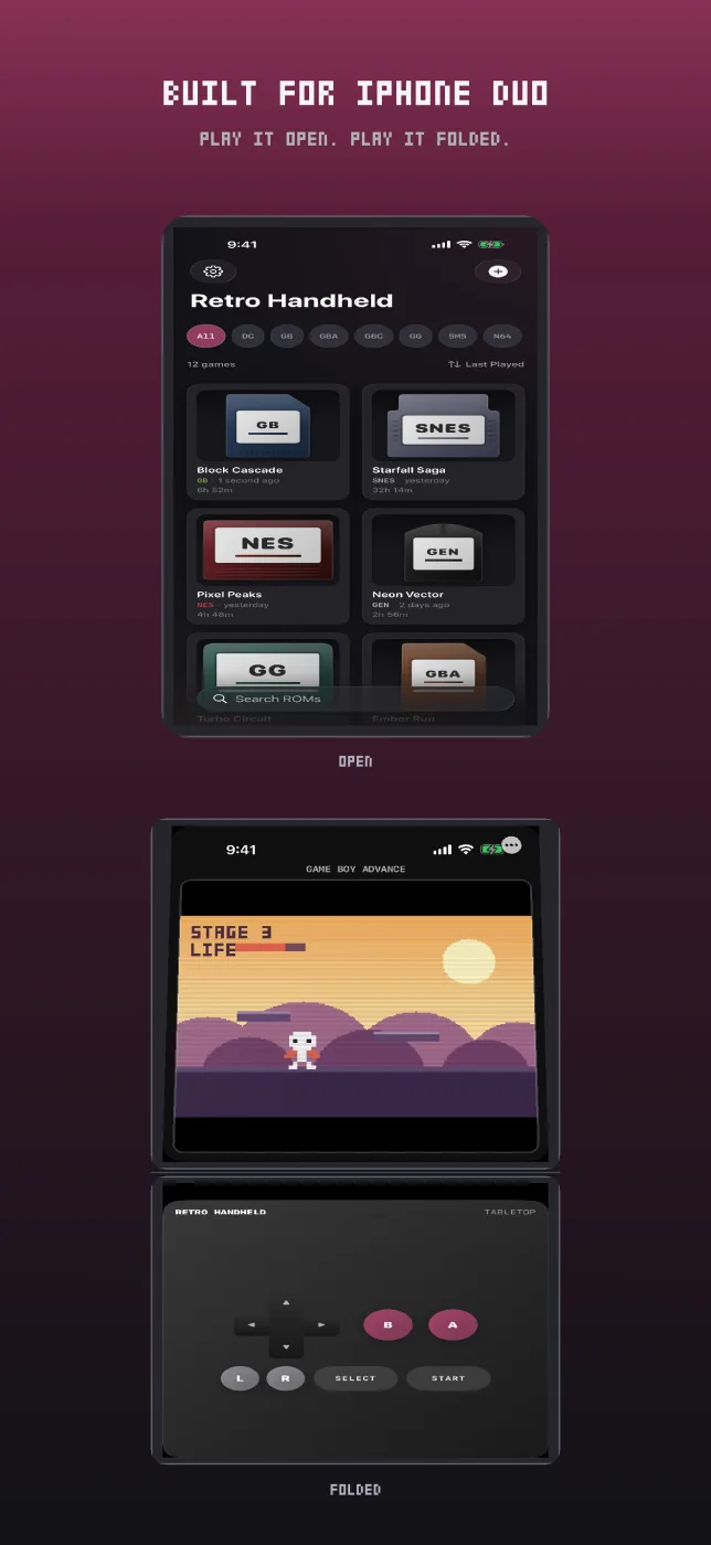 Built for iPhone Duo: the library when open, and the game above the fold with controls below it when folded