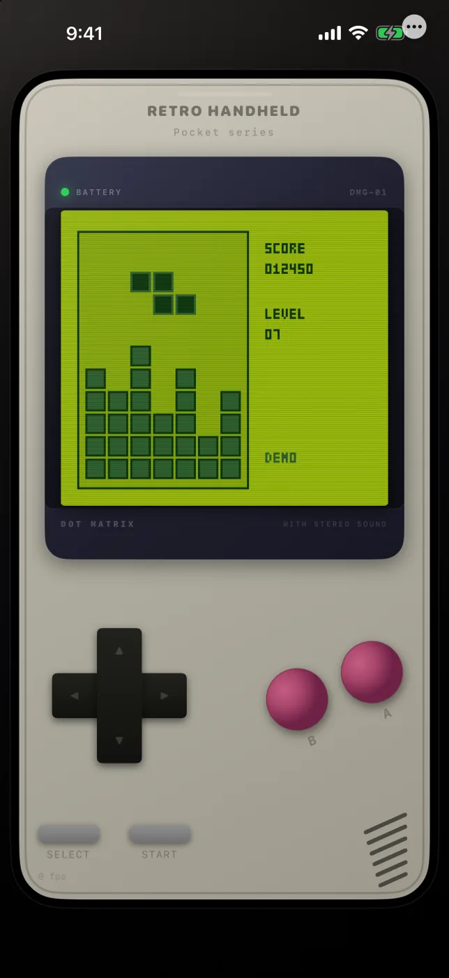 A Game Boy game running inside the handheld shell, with the dot-matrix screen, D-pad, and action buttons