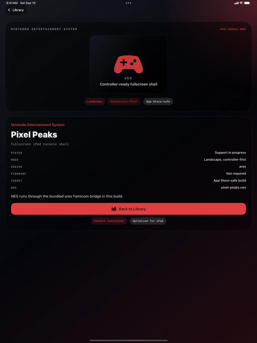 A game detail screen on iPad listing the engine, firmware requirements, and shell for that title