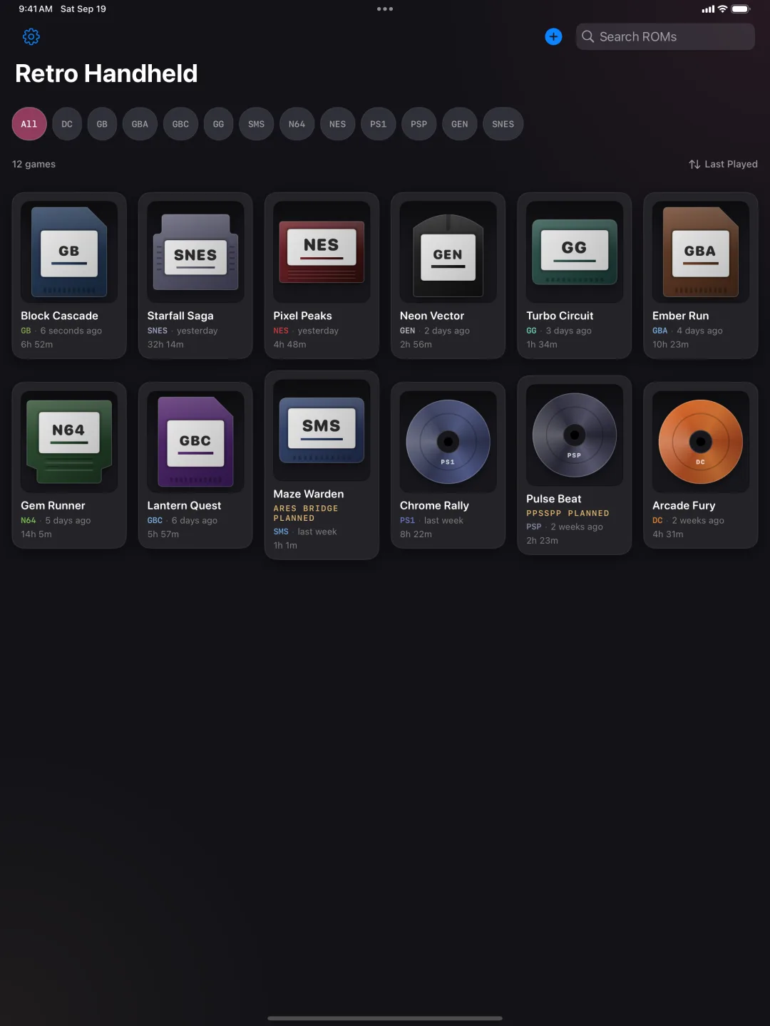 The iPad library showing twelve games across Game Boy, SNES, NES, Genesis, Game Gear, N64, PlayStation, and Dreamcast