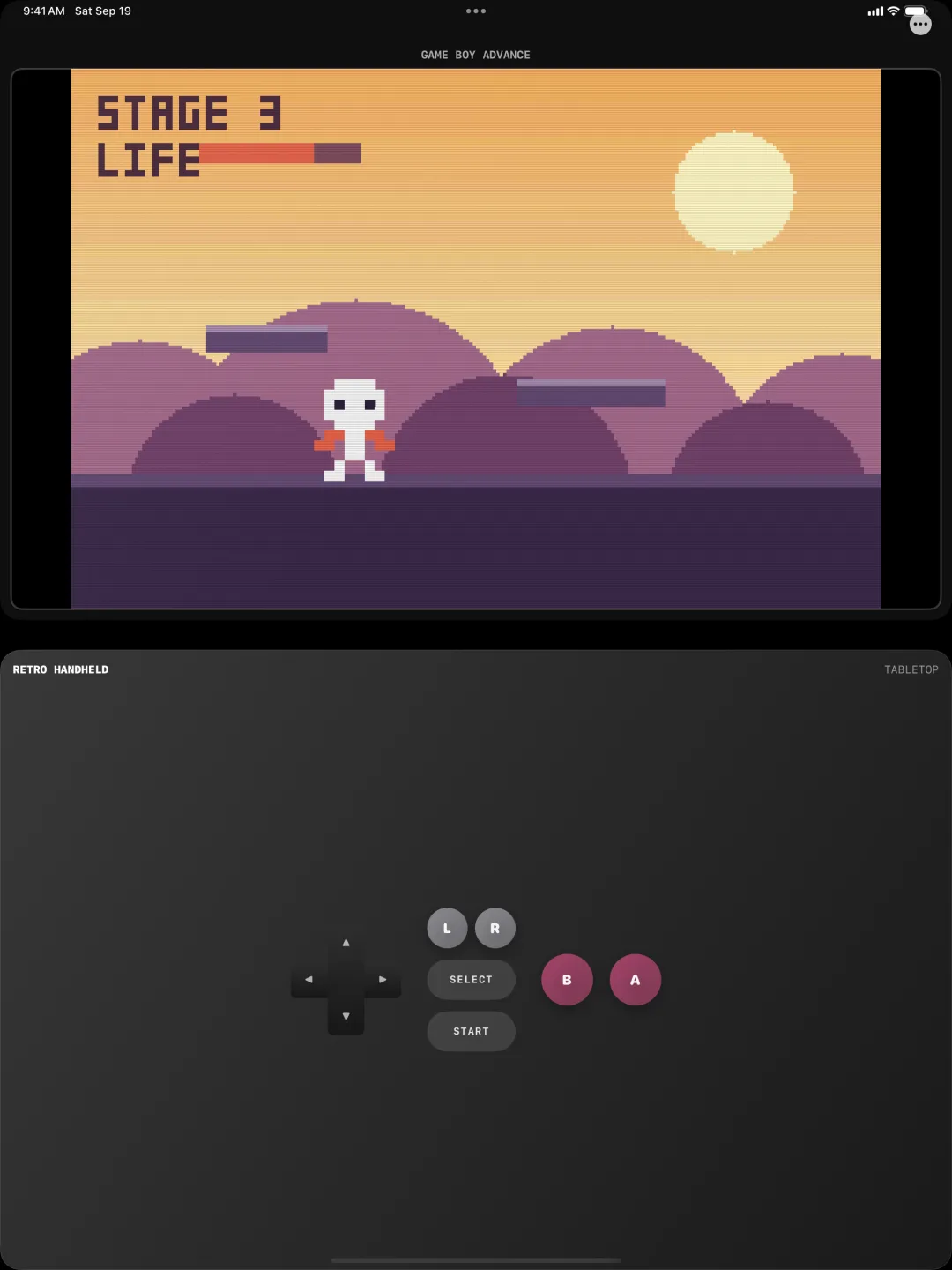 Tabletop layout on iPad, with the game on the upper half and the controls on the lower half