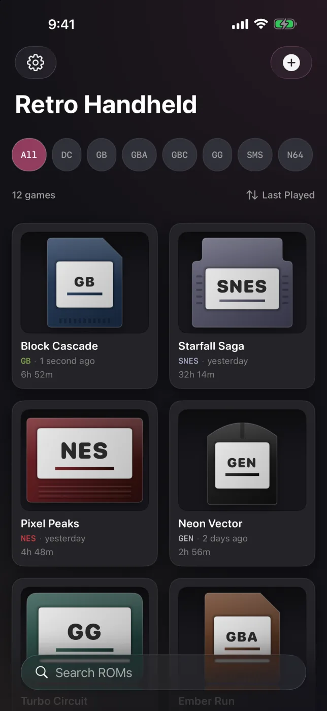 The Retro Handheld library in dark mode, with cartridge-style cover art for each game and filter chips for every console