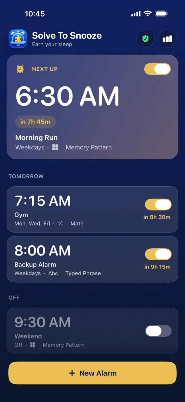 Home screen with the Next Up alarm card, a live countdown, and alarms grouped into Tomorrow and Off