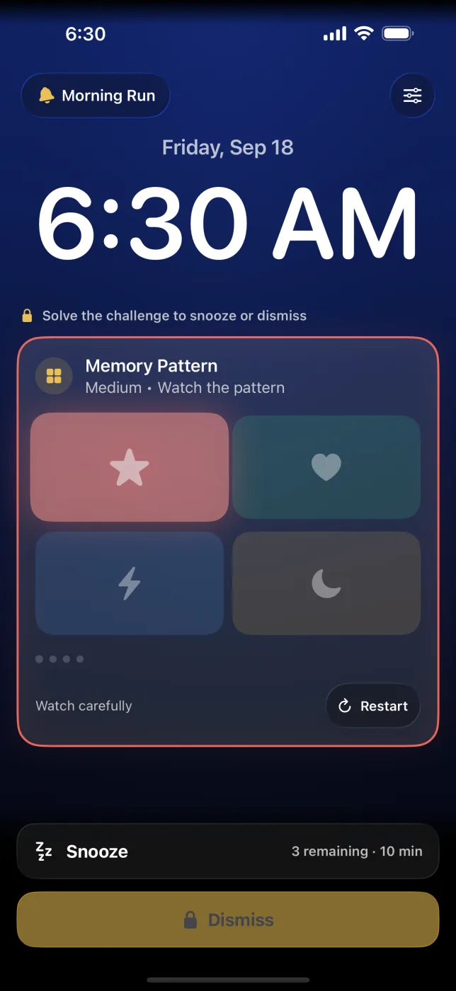 Alarm ringing with a Memory Pattern challenge that must be solved to snooze or dismiss