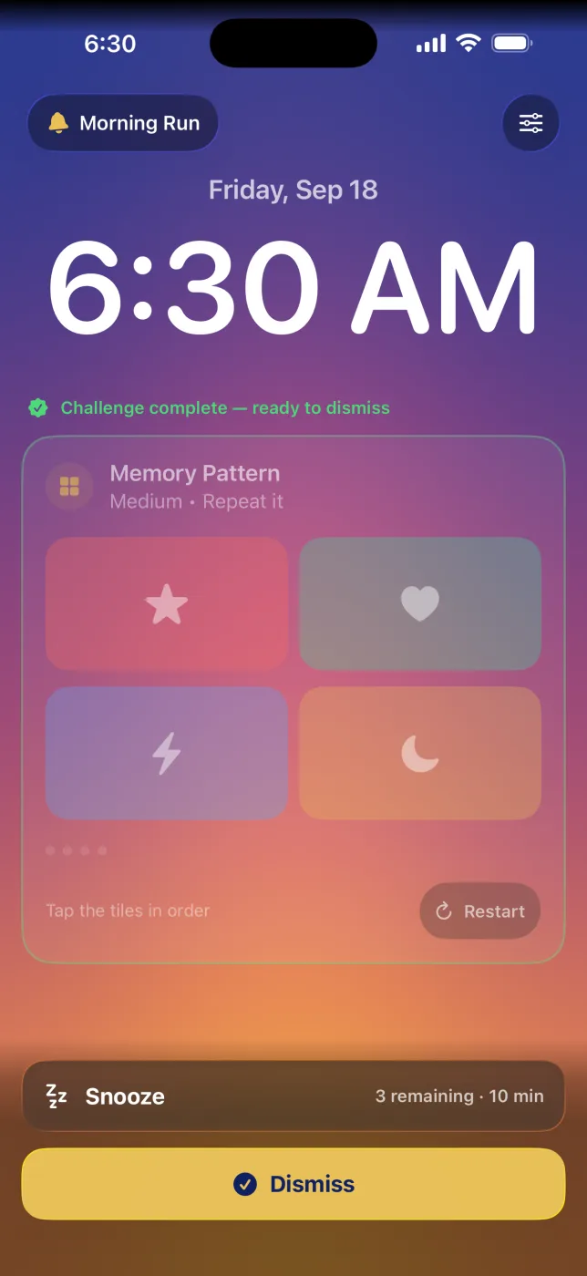 Memory Pattern challenge complete as the alarm screen breaks into a sunrise