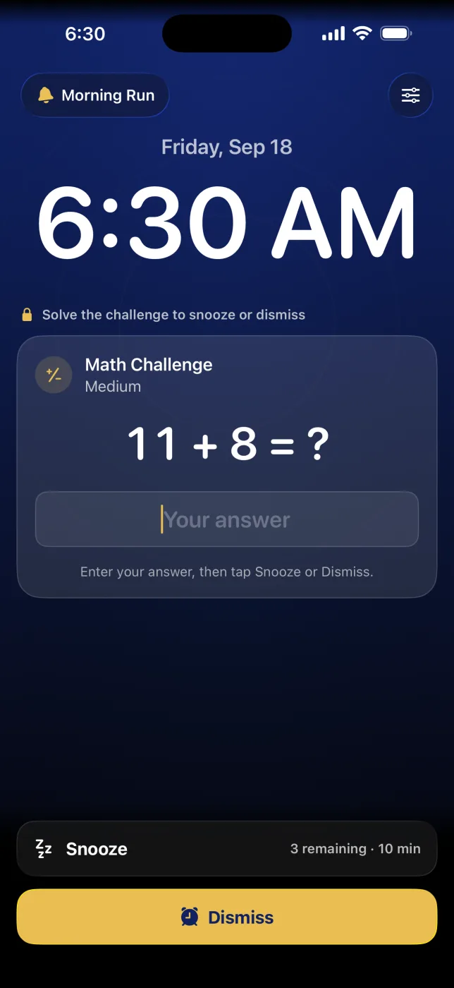Alarm ringing with a math challenge and a sky brightening toward dawn