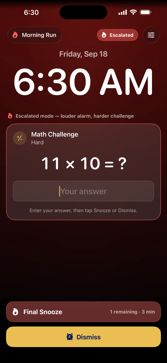 Escalated alarm glowing ember red with a hard math challenge and a final snooze