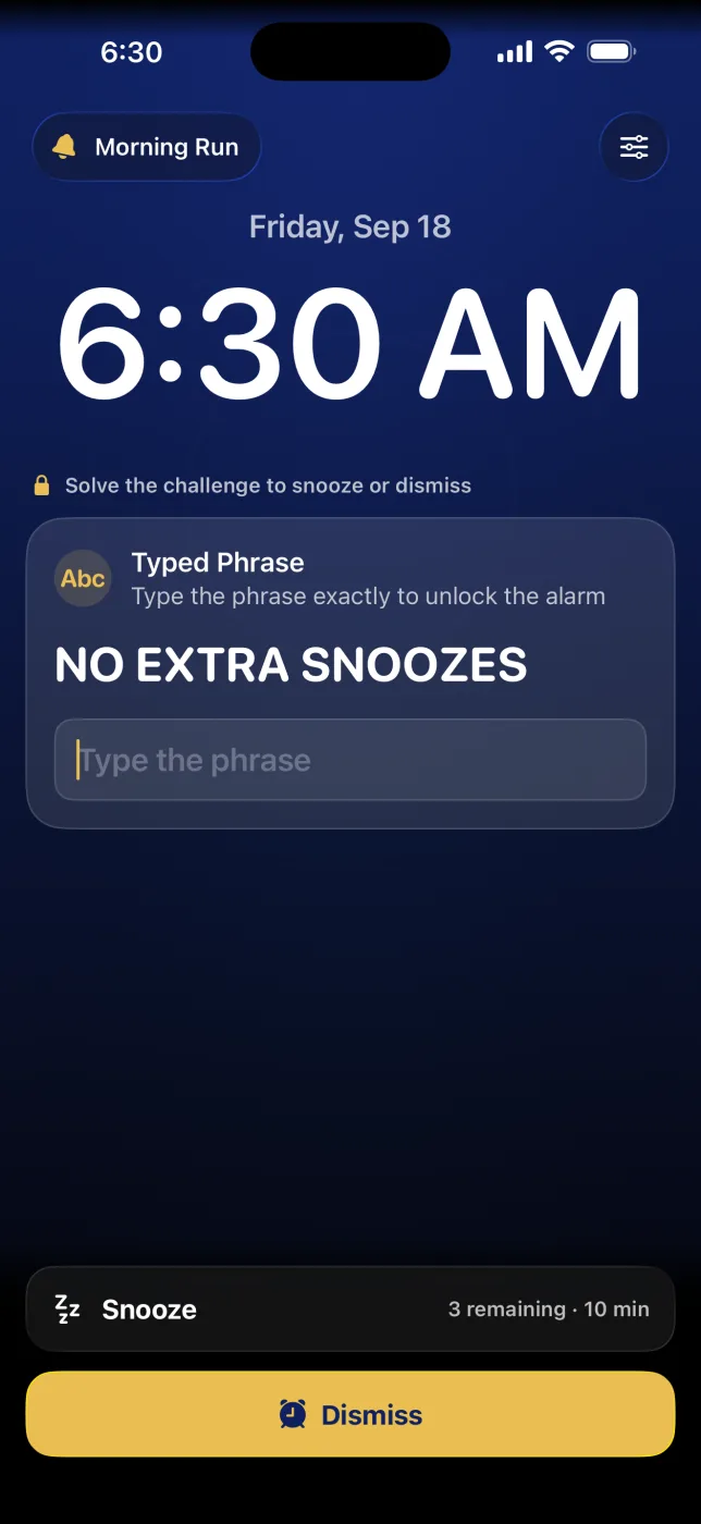 Alarm ringing with a typed phrase challenge