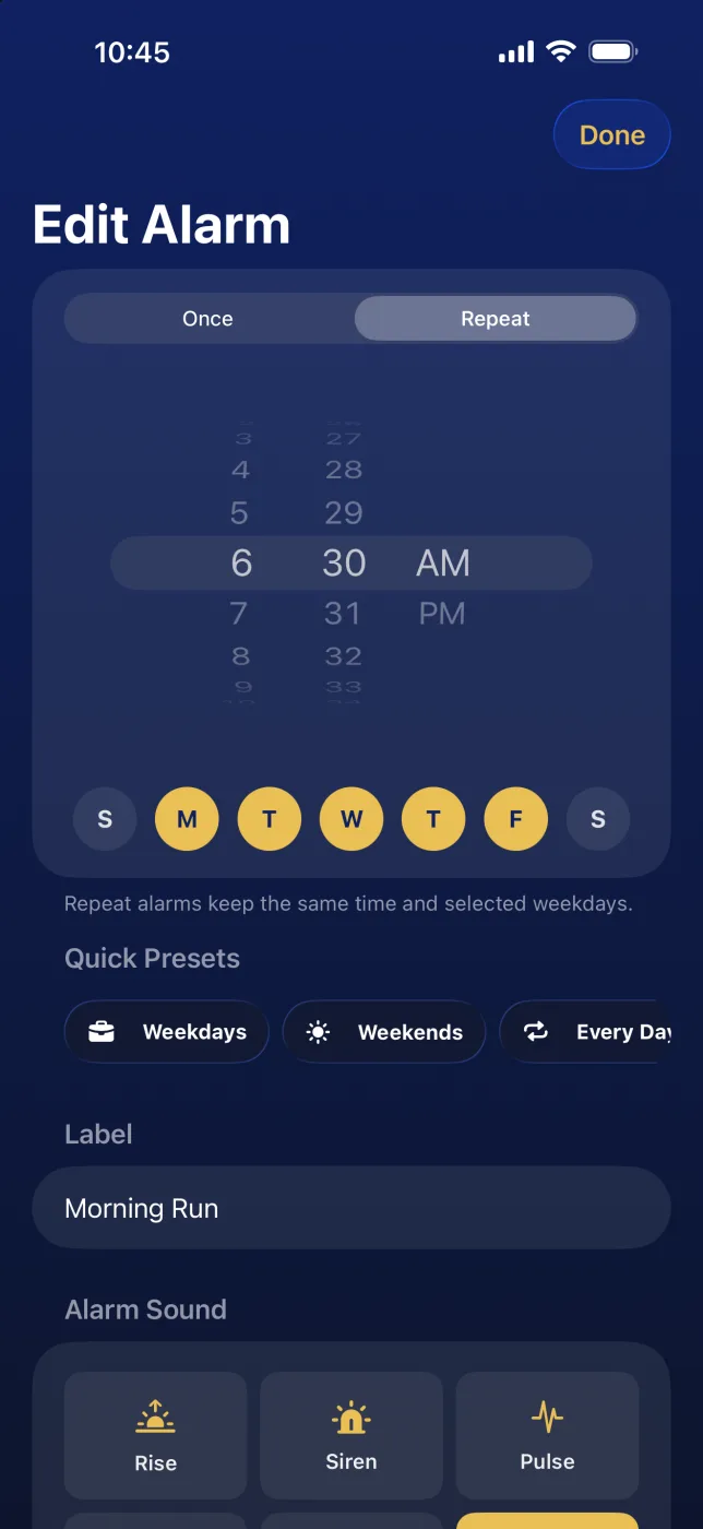 Edit Alarm screen with once or repeat scheduling, weekday picker, quick presets, and label