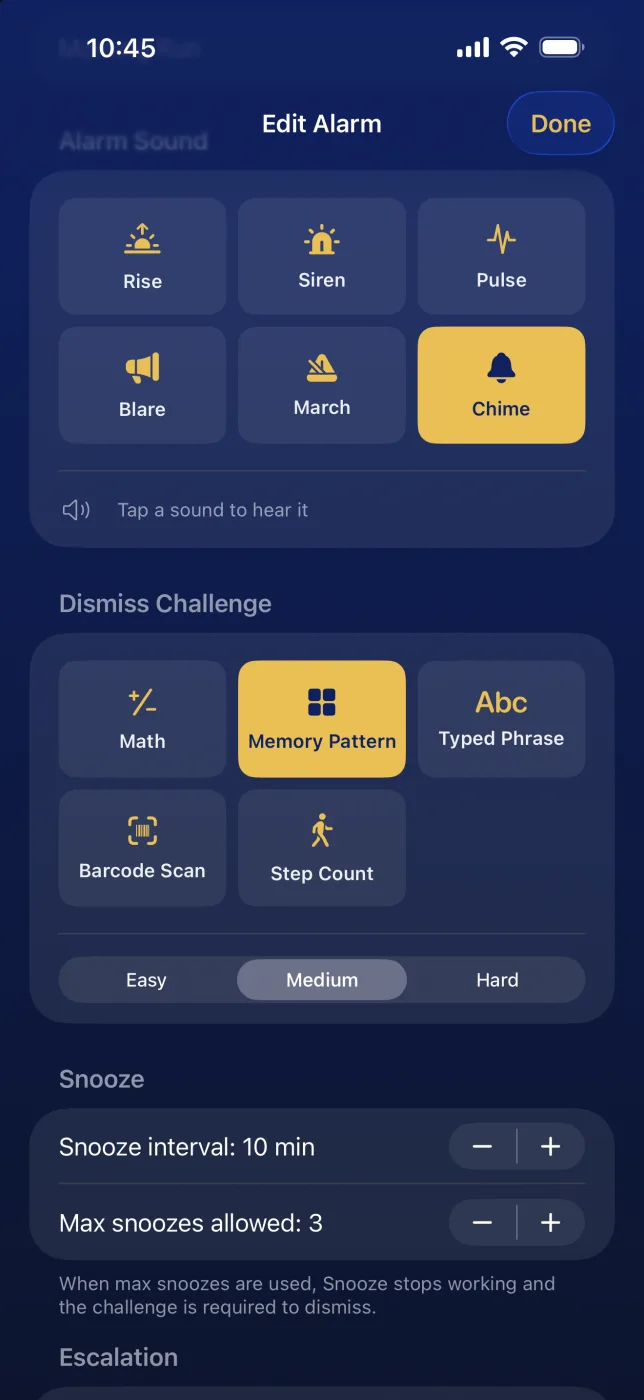Edit Alarm screen with alarm sounds, dismiss challenge, difficulty, and snooze limits