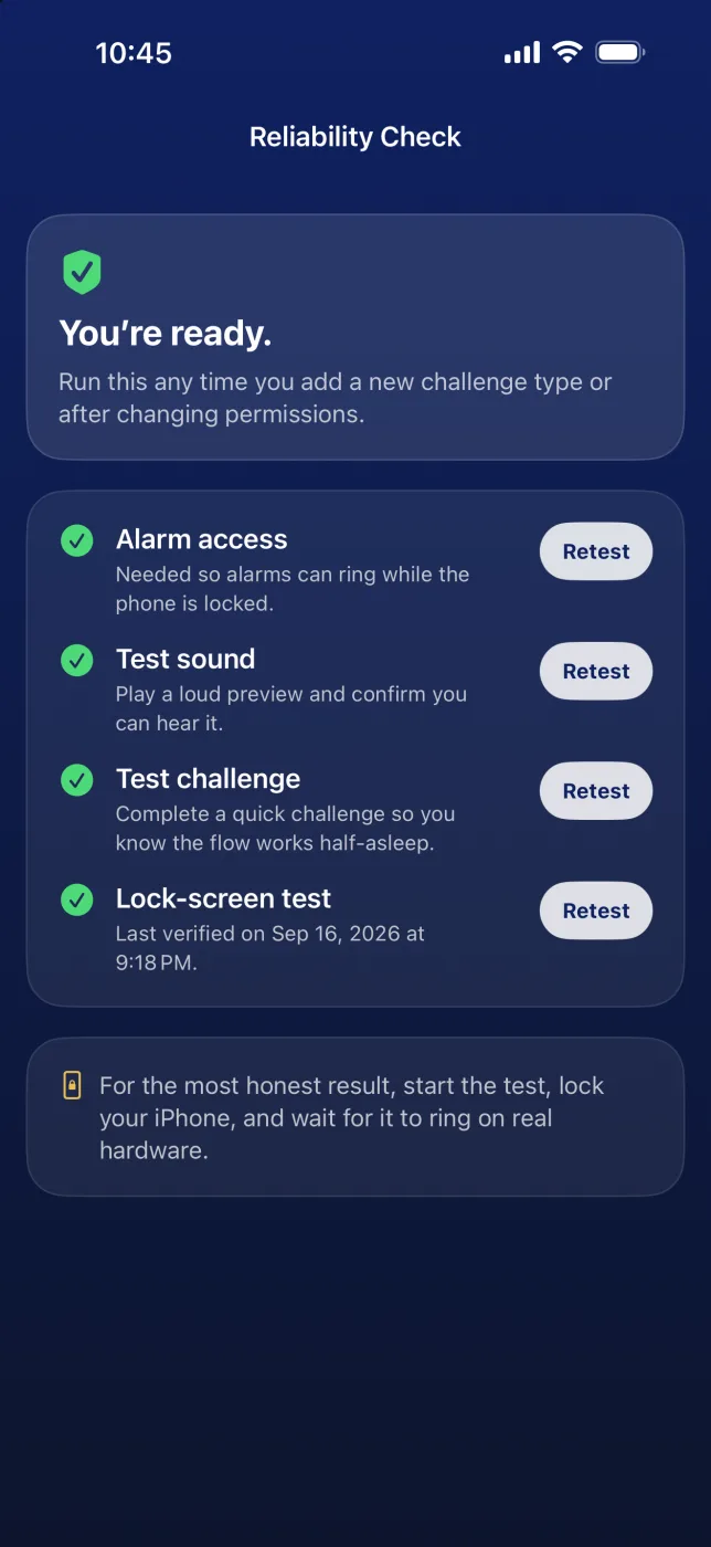 Reliability Check showing alarm access, sound, challenge, and lock-screen tests all passing