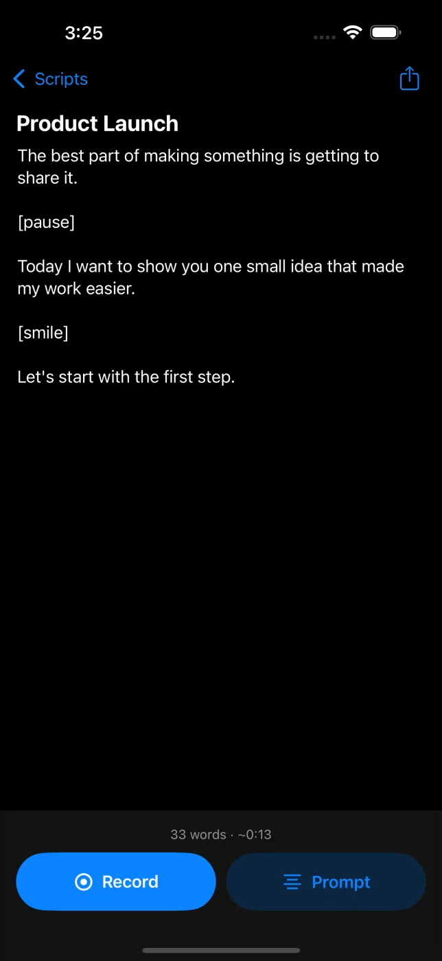 The script editor with [pause] and [smile] cues in the text, and Record and Prompt buttons at the bottom