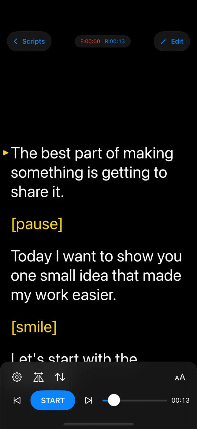 Prompt mode scrolling a script in large type with the cues highlighted in yellow and a transport bar below