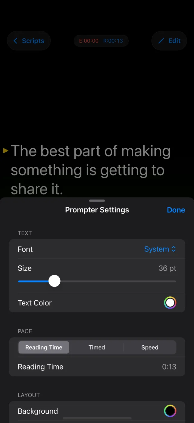 Prompter Settings with font, size, text colour, and a pace picker set to Reading Time, Timed, or Speed