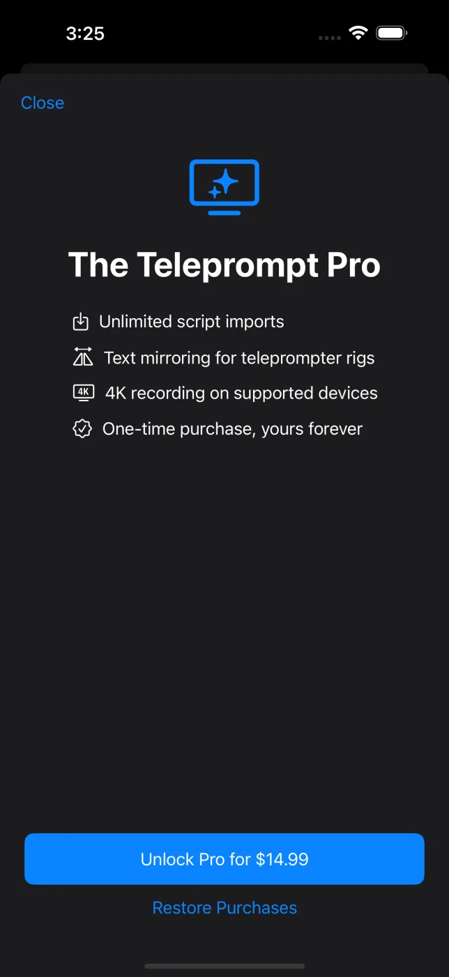 The Teleprompt Pro screen listing unlimited script imports, text mirroring, 4K recording, and a one-time purchase