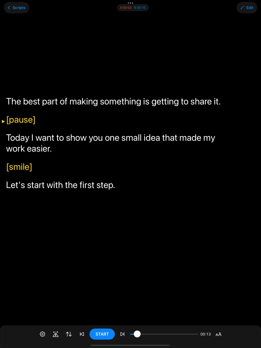 Prompt mode filling the iPad screen with a scrolling script