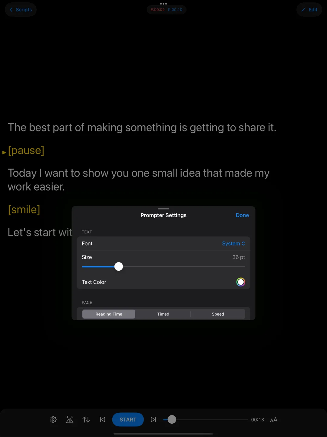 Prompter Settings open over a script on iPad
