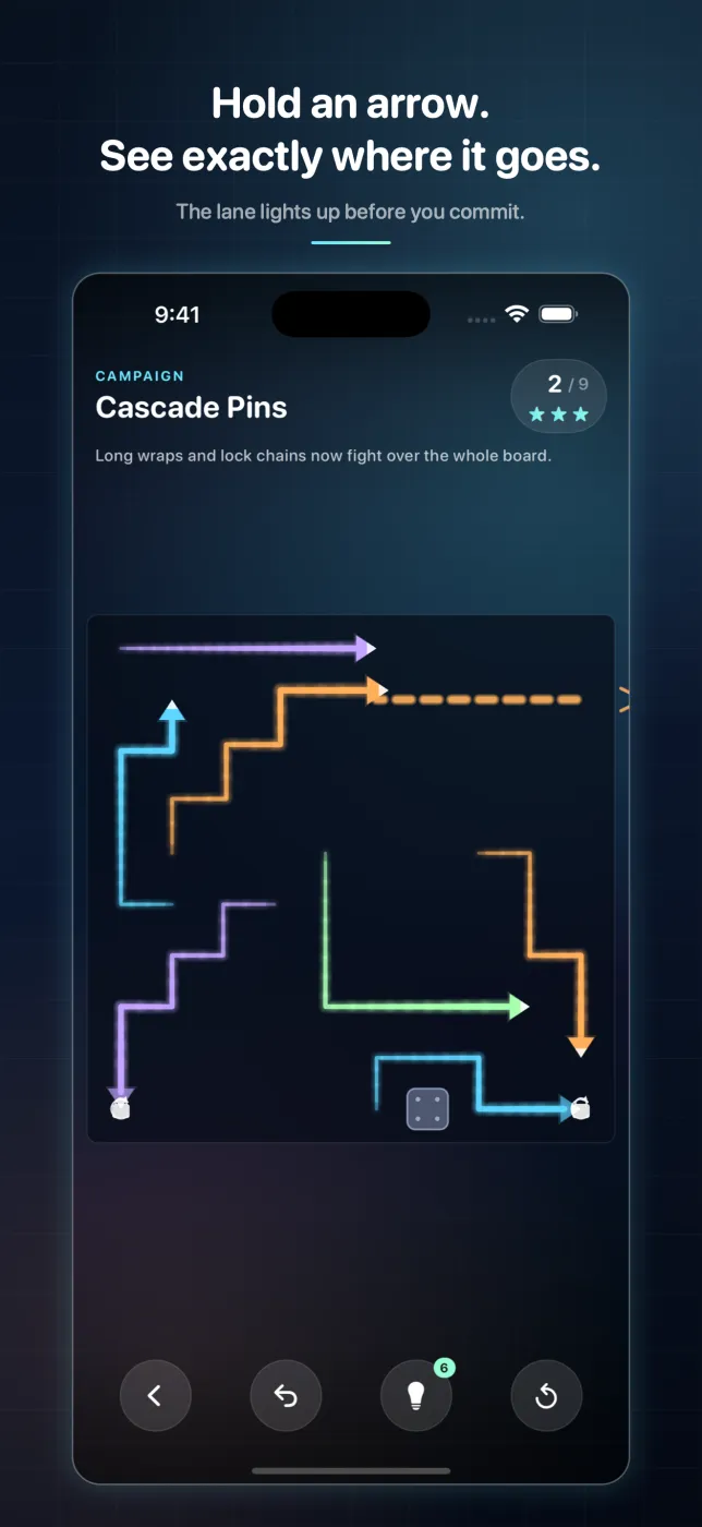 The Cascade Pins board with an arrow held down and its lane lit up dashed all the way to the edge